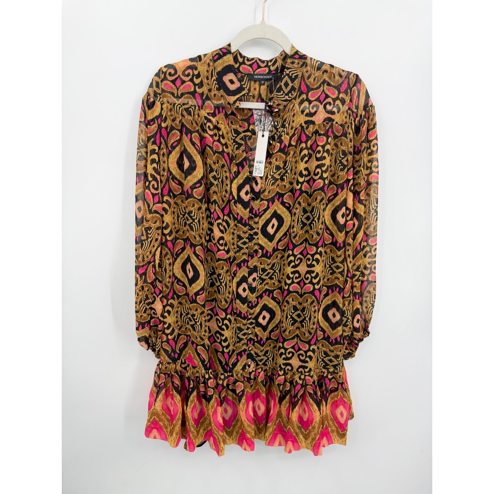 Olivaceous Ikat Ruffle Mini Dress Womens Medium Black‎ Fuchsia Sheer Boho